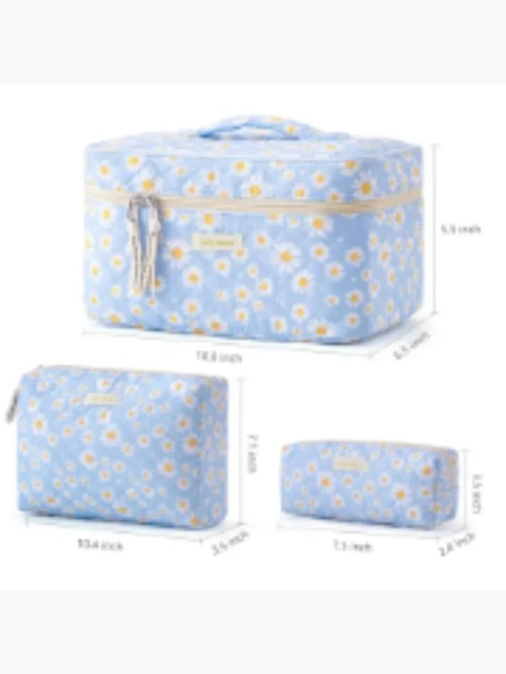 Quilted Cotton Makeup Bag Set 3pc Floral Travel Cosmetic Organizer Toiletry_6